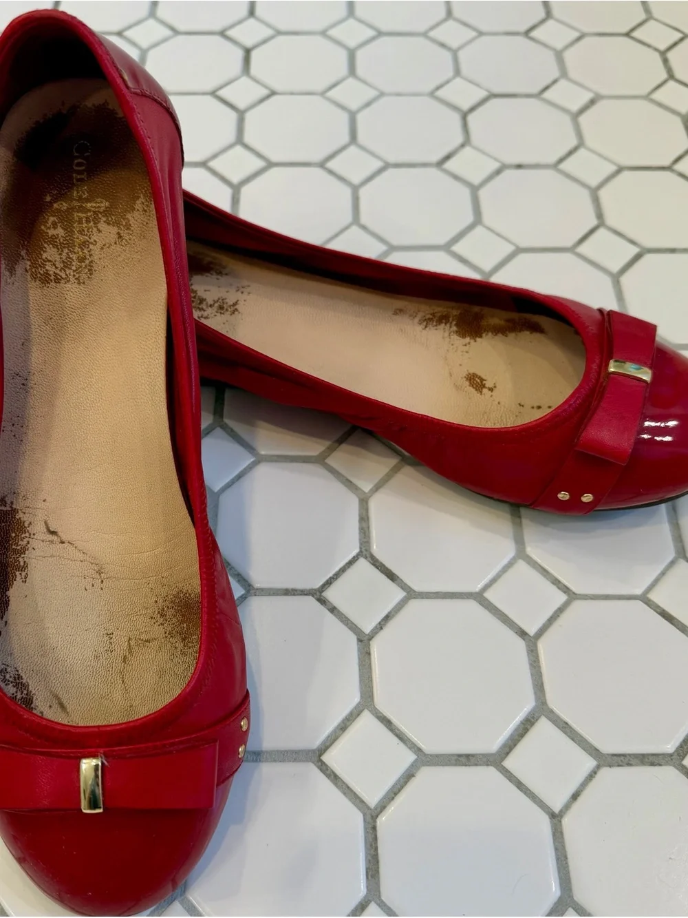 Cole Haan Red Patent Bow Flats with Gold Accent